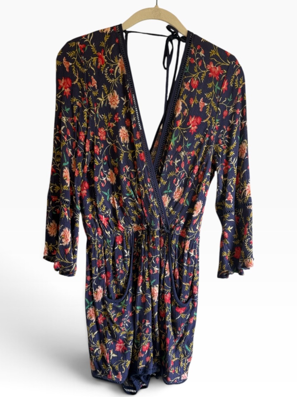 Xhilaration M Navy Floral Open Back Romper Bell Sleeve Boho